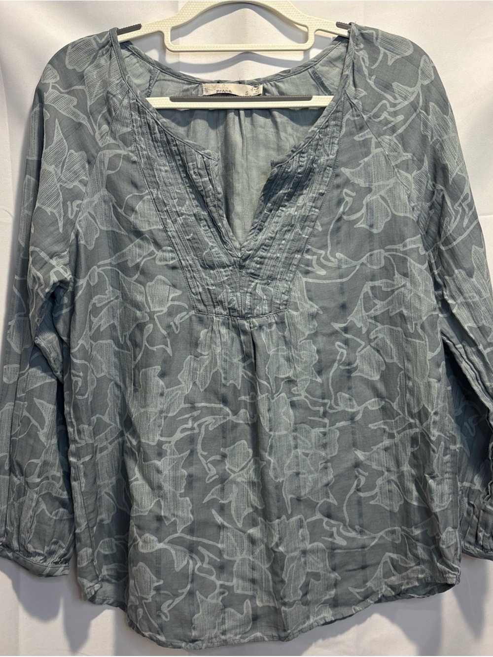 Prana Slate Blue Floral Pintuck V-Neck Blouse